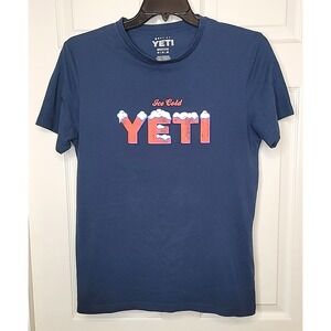 YETI Ice Cold Logo Snow Christmas Winter T-Shirt Tee Navy‎ Blue Mens Size Medium